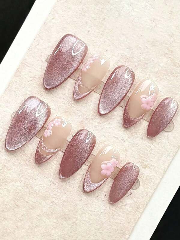 10 Pcs Handmade Medium Almond Wear Nails, Simple Lotus Pink Cat Eye Almond Glossy Nails, Nude Nail Art Hand-Painted Cat Eye French Line Three-Dimensional Pink Flowers, Advanced Solid Color Nail Art Press On Nails Nail Supplies Nails