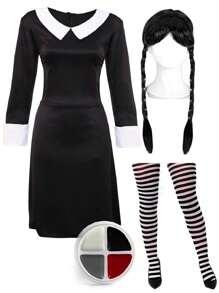 I LOVE FANCY DRESS Womens Gothic Daughter Costume Halloween Wednesday Fancy Dress Outfit Add Accessories Tv Film Outfit 60s Scary Family Cute Dress Addams - Dress, Wig, Tights and Face Paint - View 2