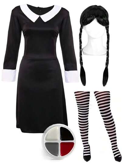 I LOVE FANCY DRESS Womens Gothic Daughter Costume Halloween Wednesday Fancy Dress Outfit Add Accessories Tv Film Outfit 60s Scary Family Cute Dress Addams