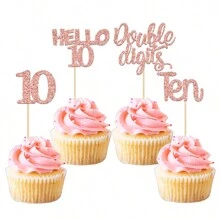 8 件/套闪光 10 岁生日纸杯蛋糕装饰物、双数字纸杯蛋糕装饰物、Hello 10 纸杯蛋糕包装纸适合 10 岁生日派对蛋糕装饰 - 彩色 - 查看 12