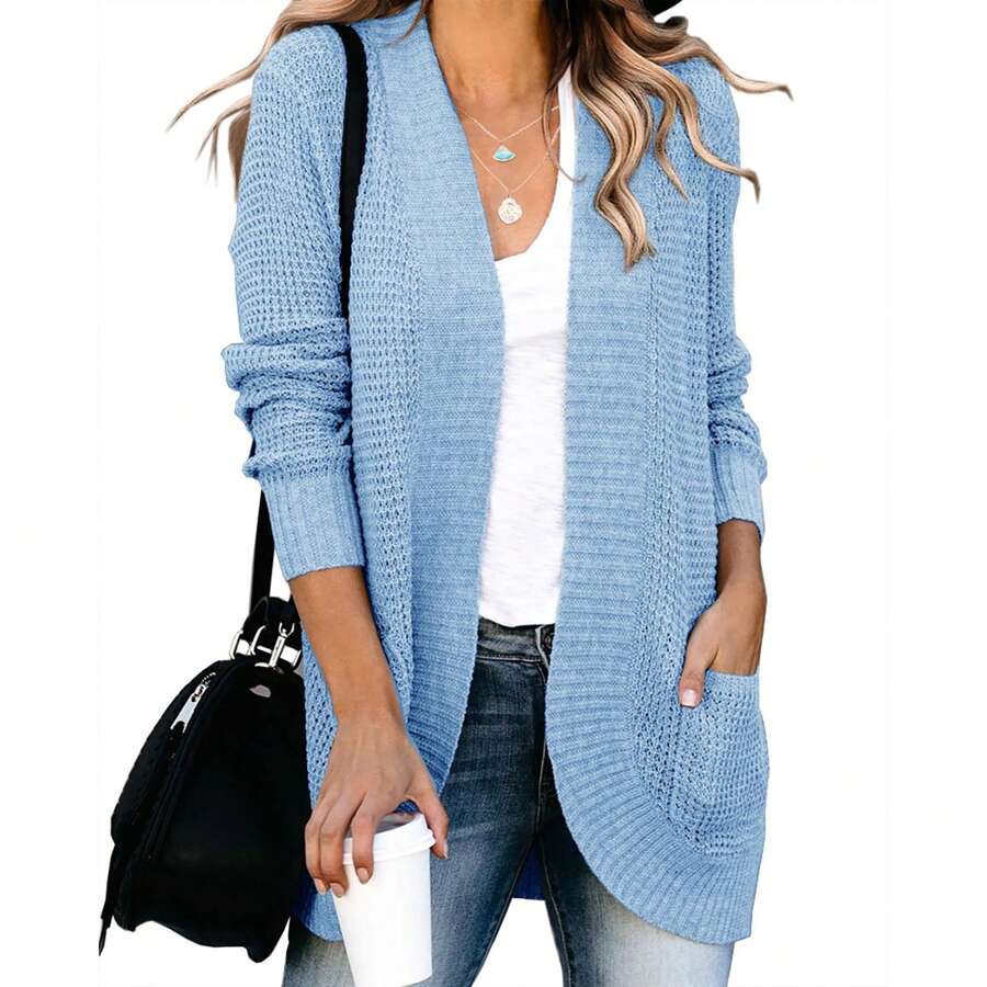 Womens Loose Open Front Cardigan Long Sleeve Casual Lightweight Soft Knit Sweaters Coat With Pockets