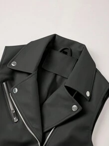 Giolshon 女士秋冬摩托车仿皮无袖夹克，带口袋 - 黑色 - 查看 11