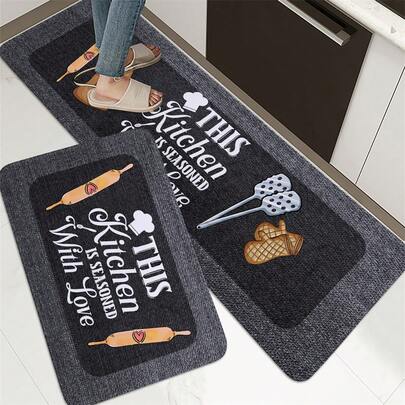 1/2 Pc Gray Letter & Kitchen Utensil Print Rug, Soft Plush Rectangular Non-Slip Floor Mat For Living Room, Kitchen, Dining Room, Bedroom