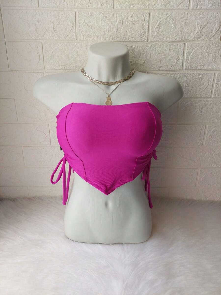 Women's Cropped Top With Band And Tie With Suplex Cup Strapless Blogueirinha One Size - Fits Sizes 36 To 42 - 玫瑰紅 - 查看 1
