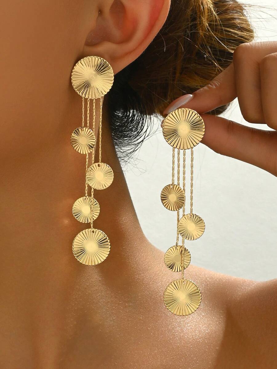 1pair New Design Circular Tassel Round Dangle Earrings - Yellow Gold - View 1