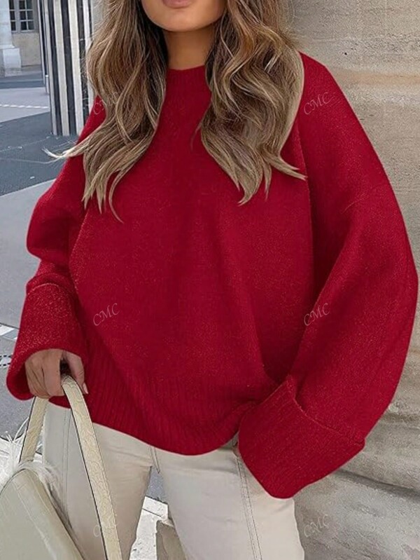Pull ample à col rond, manches longues, épaules tombantes, en couleur unie, style décontracté pour femmes. Automne/Hiver