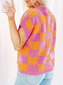 CILKOO Rompi Sweater Wol Lengan Pendek Motif Kotak-kotak Kontras Leher Bulat Kasual - Jeruk - View 4