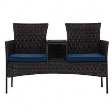 Wicker Outdoor Loveseat Modern Rattan 2-Seat Patio Conversation Set With Cushions & Built-In Coffee Table Porch Furniture - Black /Blue - View 1