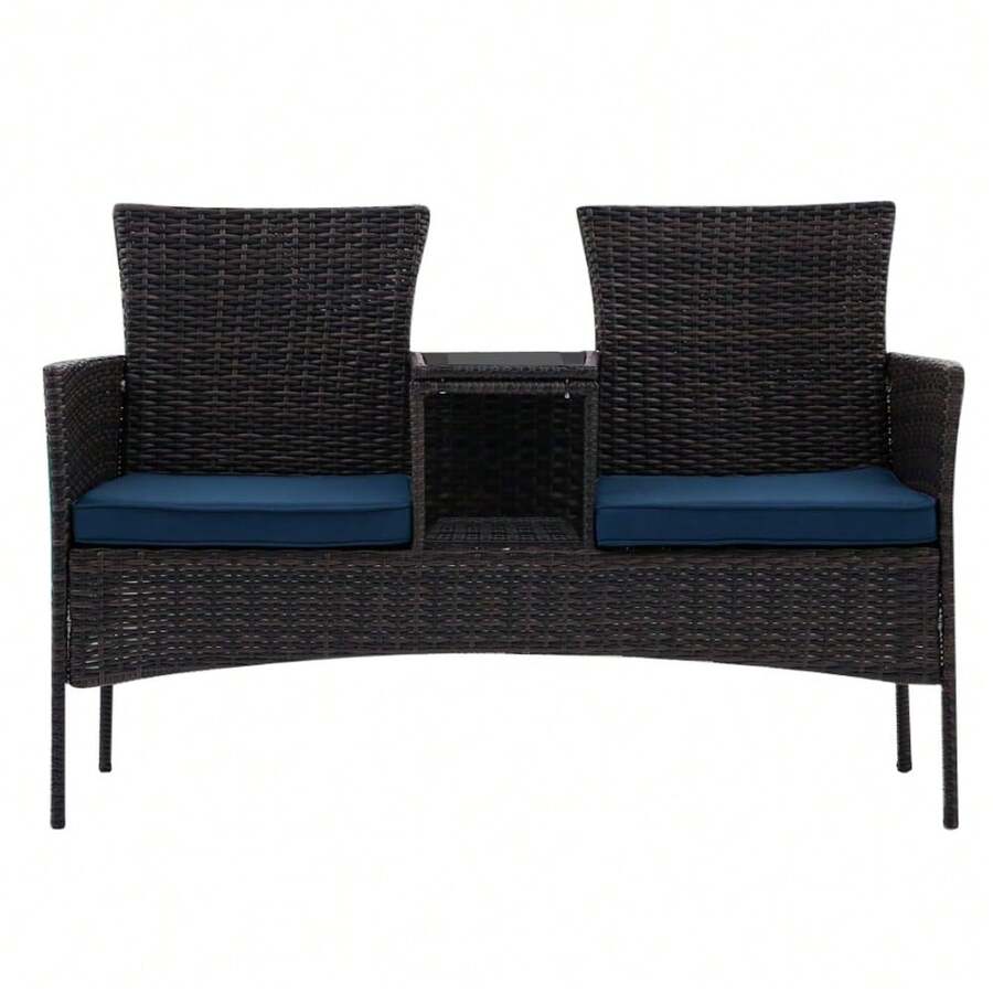 Wicker Outdoor Loveseat Modern Rattan 2-Seat Patio Conversation Set With Cushions & Built-In Coffee Table Porch Furniture - Black /Blue - View 1
