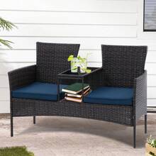 Wicker Outdoor Loveseat Modern Rattan 2-Seat Patio Conversation Set With Cushions & Built-In Coffee Table Porch Furniture - Black /Blue - View 2