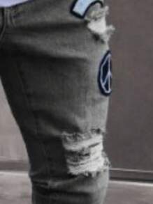 Jeans in denim slavato da uomo con toppe, pantaloni da moto slim fit - Grigio - Visualizzare 3