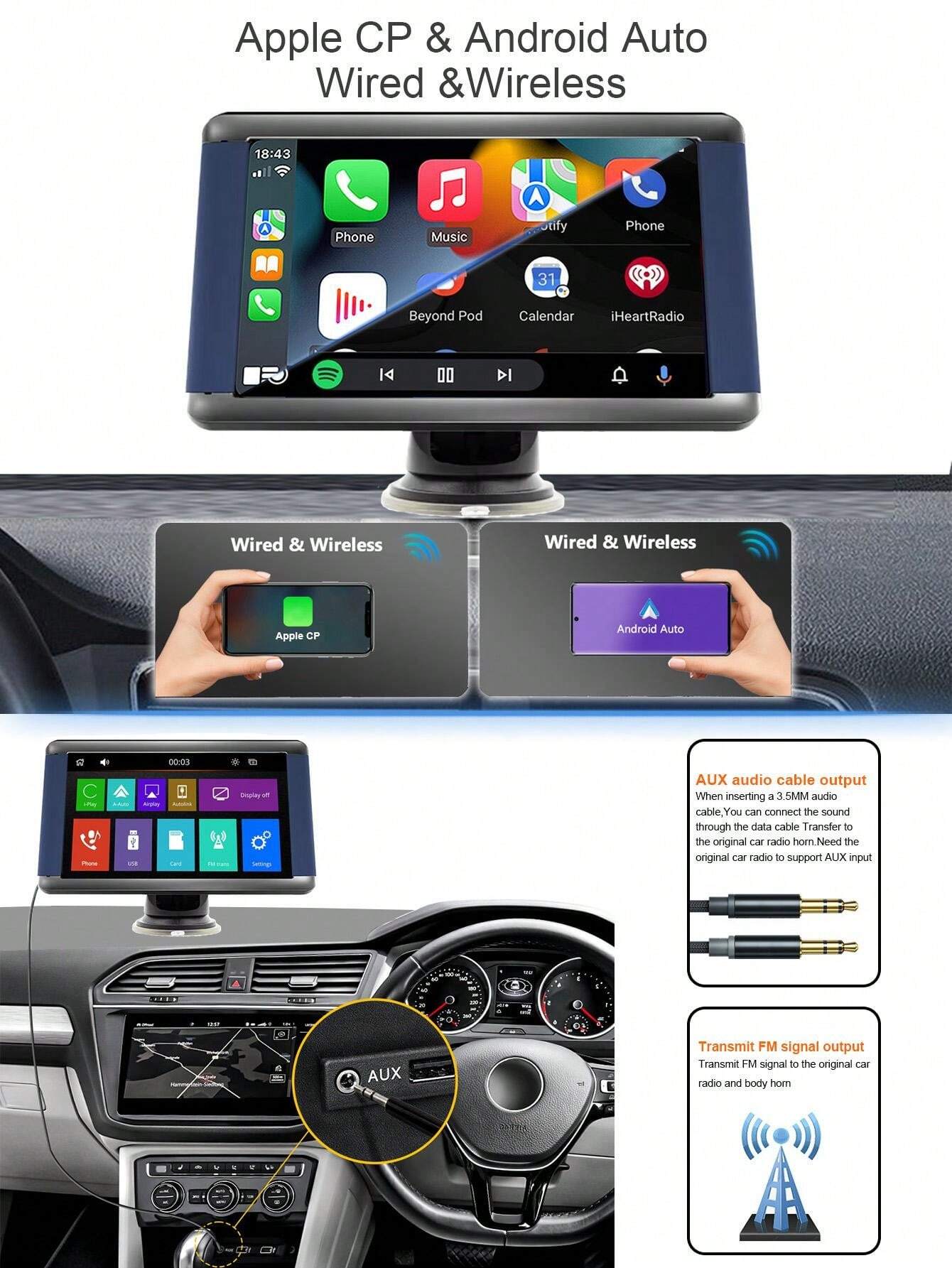 7Inch Wireless Apple CarPlay & Android Auto Universal Car Portable GPS