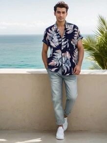 Hombres Camisa Con Estampado Tropical De Manga Corta Con Estampado De Plantas Para Hombre - Agua verde azul - Ver 1