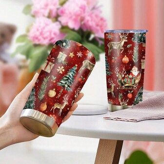 1pc Covered Christmas Tumbler, 20 Oz/40oz Stainless Steel Insulated Vacuum Double-Layer Leak Proof, Christmas Element Print, Reusable, Slip Resistant And Leak Proof, Portable, A Christmas Gift For Family And Friends