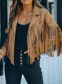 Astylish Women Western Wear Long Sleeve Fringe Open Front Faux Suede Moto Jacket Festival