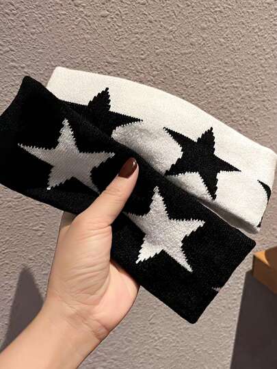 1条星形图案黑白柔软简约头带，舒适透气，适合运动、涂鸦、焊接等场合，防滑，日常佩戴，可作发带、头巾、吸汗带、发箍等，秋冬季女士度假发饰，优雅围巾，柔软头巾