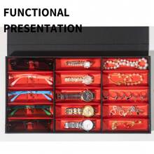 Uno scatola multifunzionale in seta di pongee a 15 scomparti di colore nero e rosso, giovanile, alla moda e senza tempo, adatta per la conservazione di occhiali ottici, gioielli, orologi, orecchini, occhiali da sole, adatta per uomo e donna, stile casual, design semplice, facile da riporre, adatta per tutte le stagioni primavera, estate, autunno e inverno - Stile regolare - Visualizzare 4