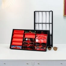 Uno scatola multifunzionale in seta di pongee a 15 scomparti di colore nero e rosso, giovanile, alla moda e senza tempo, adatta per la conservazione di occhiali ottici, gioielli, orologi, orecchini, occhiali da sole, adatta per uomo e donna, stile casual, design semplice, facile da riporre, adatta per tutte le stagioni primavera, estate, autunno e inverno - Stile regolare - Visualizzare 3