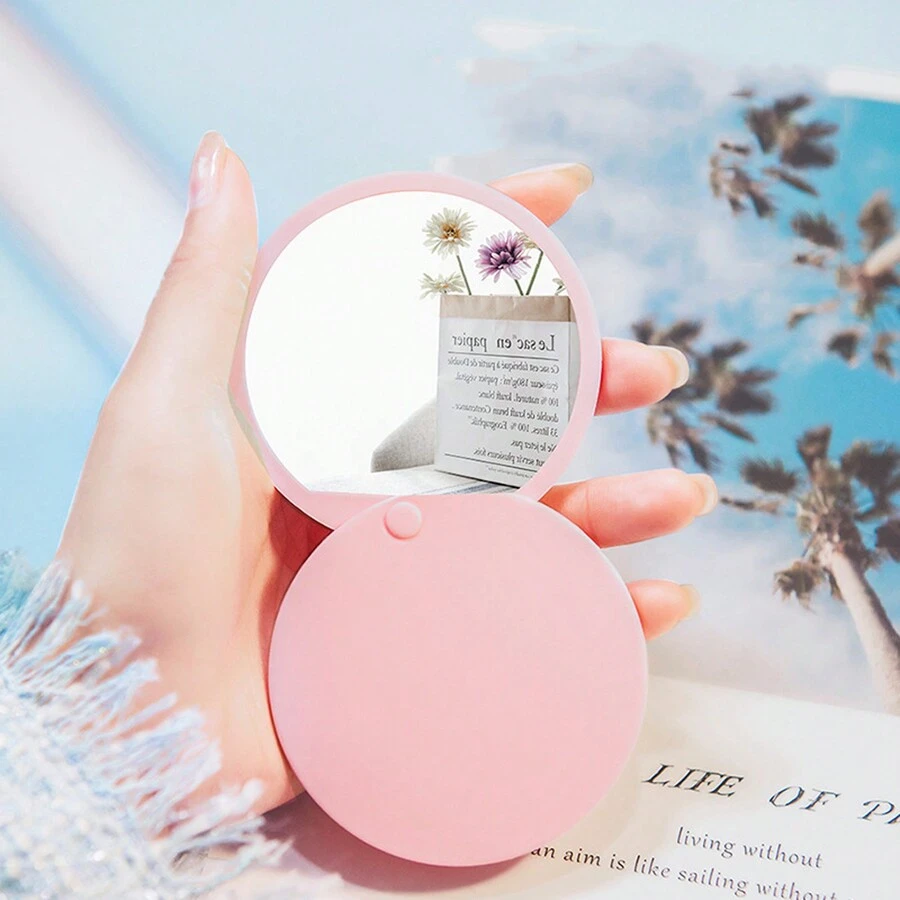 1 pieza Espejo compacto plegable giratorio para cosméticos, espejo portátil de maquillaje para mujeres - Rosa - Ver 1