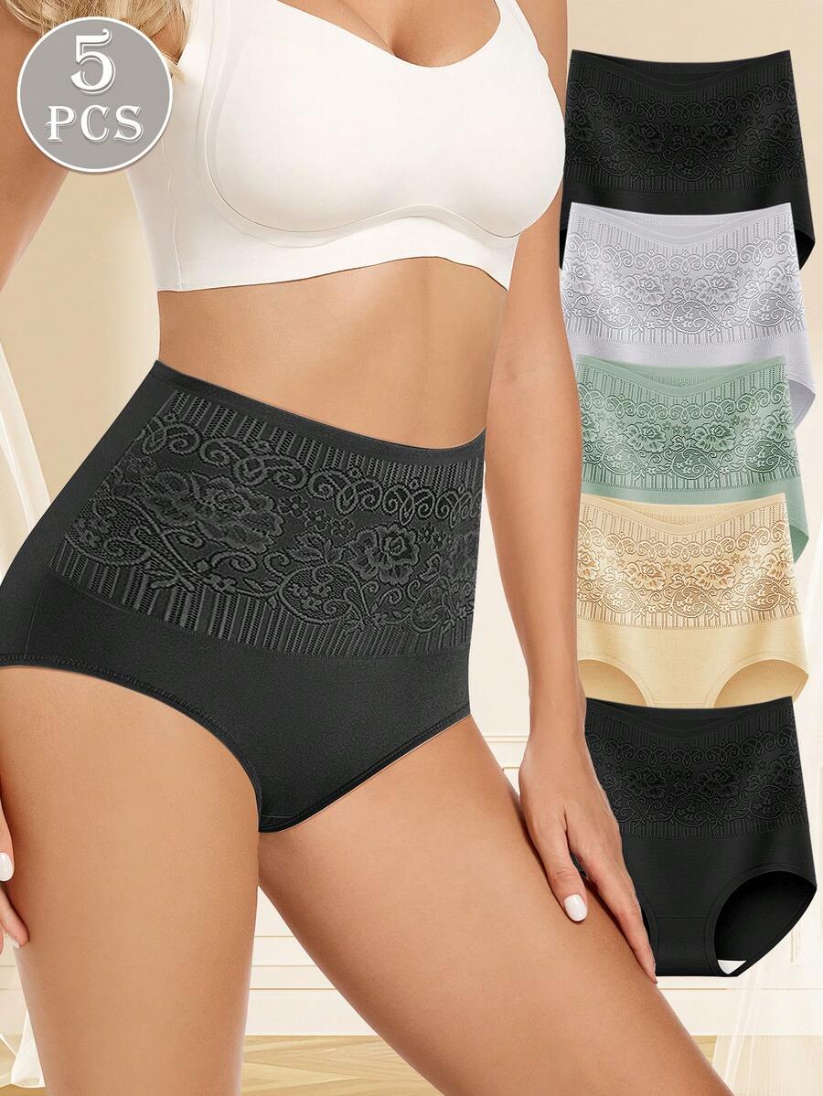 MEIYATING 5 条装女士图案高腰舒适贴身三角裤 - 彩色 - 查看 1