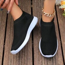 Women's Fashionable Solid Color Breathable Slip-On Running Sports Sneakers - Black - View 3