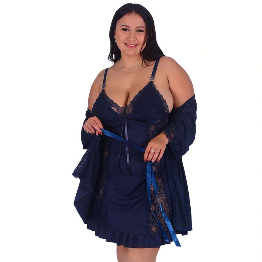 Microfiber And Lace Robe Kit Plus Plus Size Nightgown For Women | 829.851 - 藏蓝色 - 查看 1