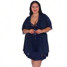 Microfiber And Lace Robe Kit Plus Plus Size Nightgown For Women | 829.851 - 藏蓝色 - 查看 2