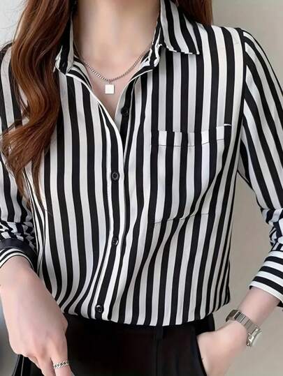 Women's Striped Long Sleeve Pocket Loose Casual Office Blouse, Spring/Autumn