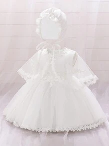 Baby Girls (0-2 Years) Short Sleeve Lace Party Dress, White Baptism Robe Suitable For Role-Playing Parties - White - View 2