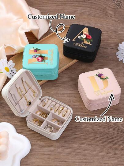 1pc Customized Women's Jewelry Storage Box, Accessories Jewelry Portable Storage Box, With Personalized Name, Fashionable And Personalized Leather Jewelry Storage Box, Exquisite And Memorable Necklace, Rings, And Wedding Accessories;Also Suitable For Home Decor And Bridesmaid Gift, Multi-Functional, Adjustable, Anti-Mold, Ornamental, Reusable, Exquisite, Adorable, High-Quality, Unique, Ideal Gifts For Him, Back To School