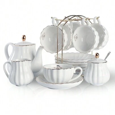 Porcelain Tea Sets British Royal Series, 8 OZ Cups& Saucer Service For 6, With Teapot Sugar Bowl Cream Pitcher Teaspoons And Tea Strainer For Tea/Coffee