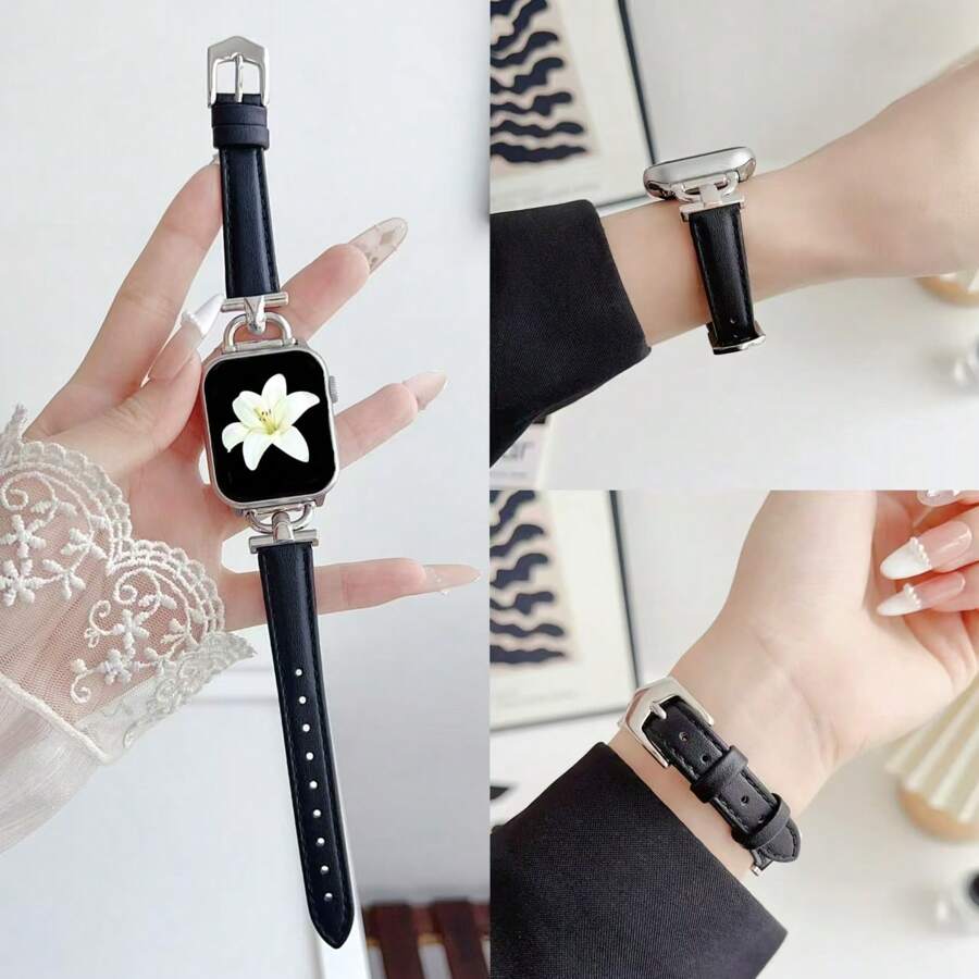 1pc Decorative Fashionable Elegant Thin Leather Watch Band, Compatible With Apple Watch Series, Women's Version, Gold, Silver, Halloween Black Pendant, Slim Sports Style, Size 38mm, 40mm, 41mm, 42mm, 44mm, 45mm, 46mm, 49mm, Compatible With Apple Watch Ultra/Series 10/9/8/7/6/5/4/3/2/1 SE - Black - View 1