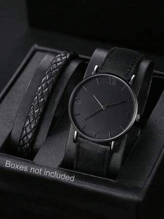 1セット メンズカジュアルファッション クォーツ 丸型腕時計 PUレザー編み込みベルト、デイリー着用に適し、誕生日プレゼント、パーティー、休暇時の集まりに最適、自分や友人への贈り物に最適。パッケージボックスは付属していません。