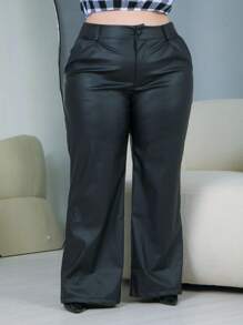 'S PLUS SIZE LEATHER FLARE PANTS - 黑色 - 查看 1