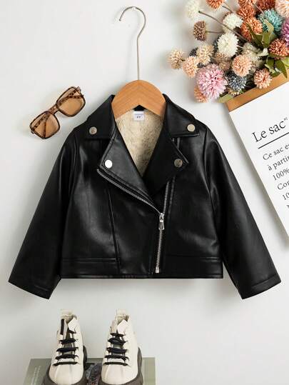 Chaqueta informal acolchada con cremallera de piel de imitación de motocicleta para niña, para otoño/invierno