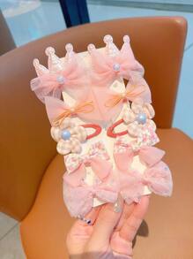 10入組甜美可愛的公主皇冠髮夾套裝，蝴蝶結、人造珍珠裝飾，適用於女孩 - 橘色 - 查看 1