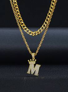 2 peças/Conjunto Colar de Corda Trançada Multicamadas com Pingente de Letra Inicial de Coroa da Moda, Popular, Presente de Joias Trendy para Meninos e Meninas para Uso Diário, Festa na Rua