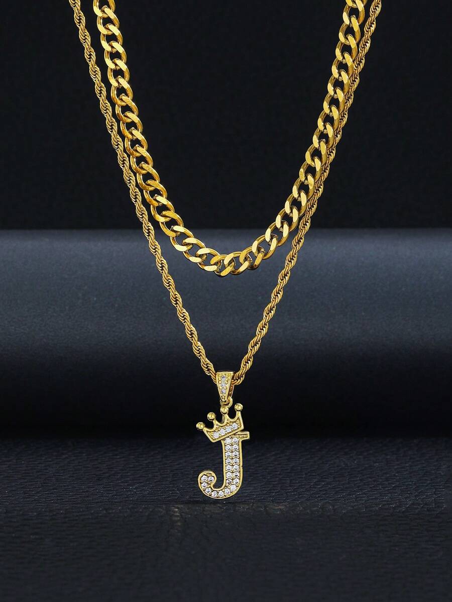 2 peças/Conjunto Colar de Corda Trançada Multicamadas com Pingente de Letra Inicial de Coroa da Moda, Popular, Presente de Joias Trendy para Meninos e Meninas para Uso Diário, Festa na Rua