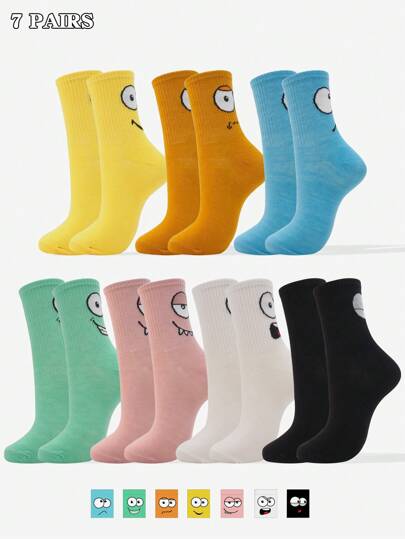 7 双大眼睛表情女士中筒袜，卡通动漫彩色黄色蓝色优雅浪漫少女甜美快乐日常休闲街头嘻哈户外跑步篮球柔软透气