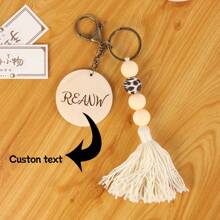 1 chiếc Thẻ gỗ tròn tùy chỉnh, Móc khóa tua rua & hạt phong cách Bắc Âu được cá nhân hóa, Mặt dây chuyền trang trí túi xách - Xám - Xem 1