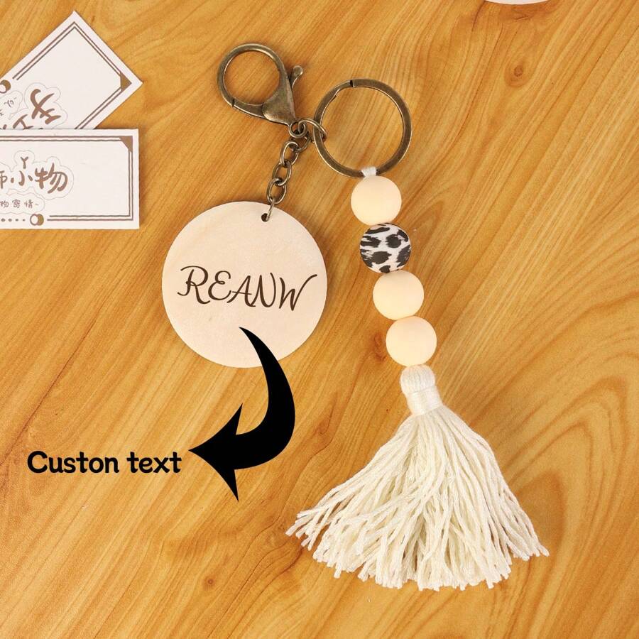 1 chiếc Thẻ gỗ tròn tùy chỉnh, Móc khóa tua rua & hạt phong cách Bắc Âu được cá nhân hóa, Mặt dây chuyền trang trí túi xách - Xám - Xem 1