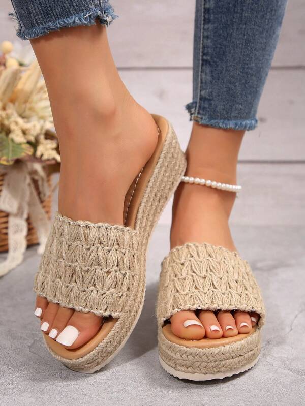 Sandali con zeppa alla moda da donna in lino con suola spessa e piattaforma, scarpe da spiaggia esclusive con suola intrecciata semplice