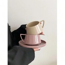 陶瓷简约咖啡杯，精致优雅下午茶杯碟套装，适合家庭使用 - 彩色 - 查看 4