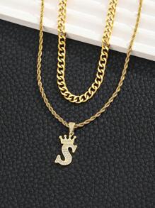 2 peças/Conjunto Colar de Corda Trançada Multicamadas com Pingente de Letra Inicial de Coroa da Moda, Popular, Presente de Joias Trendy para Meninos e Meninas para Uso Diário, Festa na Rua