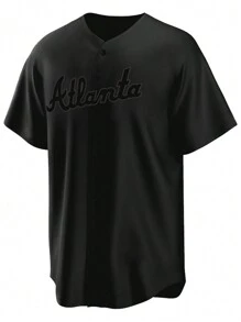 Boyfriend Style Men's Breathable Letter Printed Button-Front Short Sleeve Baseball Jersey - Black - View 1