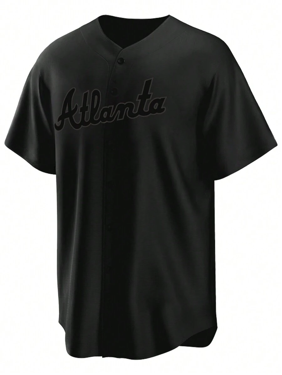 Boyfriend Style Men's Breathable Letter Printed Button-Front Short Sleeve Baseball Jersey - Black - View 1