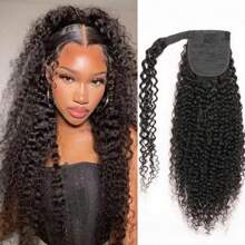 BINF Ponytail Human Hair Wrap Around Kinky Curly Brazilian Remy Hair Extensions For Women 8-26 Inches Clip Ins Natural Color Wrap Around Ponytail Hairpiece