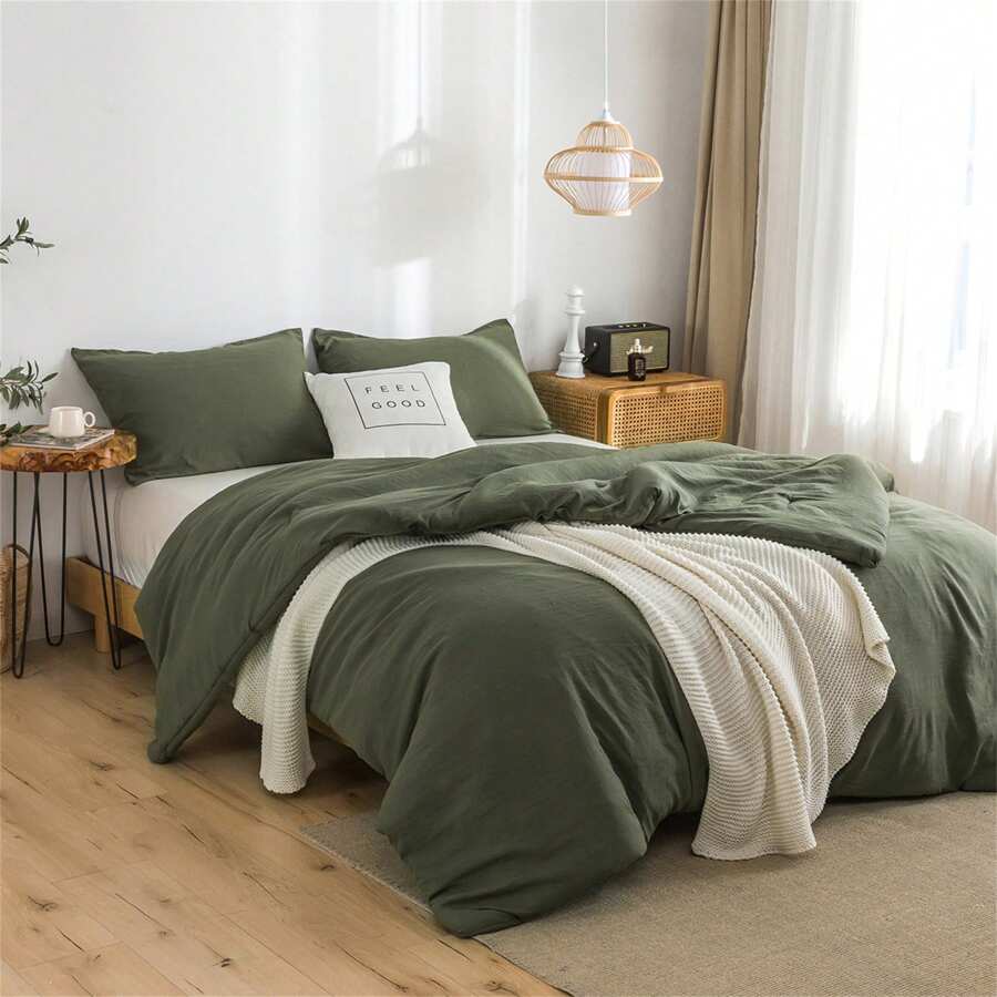 3-Piece Luxury Pom Pom Bedding Sets,  All Seasons Use Light Weight With Warm Fluffy Washed Cotton Microfiber - 1 Comforter + 1/2 Pillowcases, For Twin QUEEN KING Size Bed - 軍綠色 - 查看 1