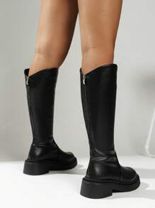 SHIHUA Bốt cổ cao đến giữa bắp chân dành cho nữ, Bốt cổ cao quai khóa mới thu/đông 2025, Bốt cao đến đầu gối đế dày, Bốt cổ cao đế dày, gót cao vừa phải thu/đông 2025 mới - màu đen - Xem 2