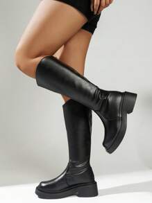 SHIHUA Bốt cổ cao đến giữa bắp chân dành cho nữ, Bốt cổ cao quai khóa mới thu/đông 2025, Bốt cao đến đầu gối đế dày, Bốt cổ cao đế dày, gót cao vừa phải thu/đông 2025 mới - màu đen - Xem 3